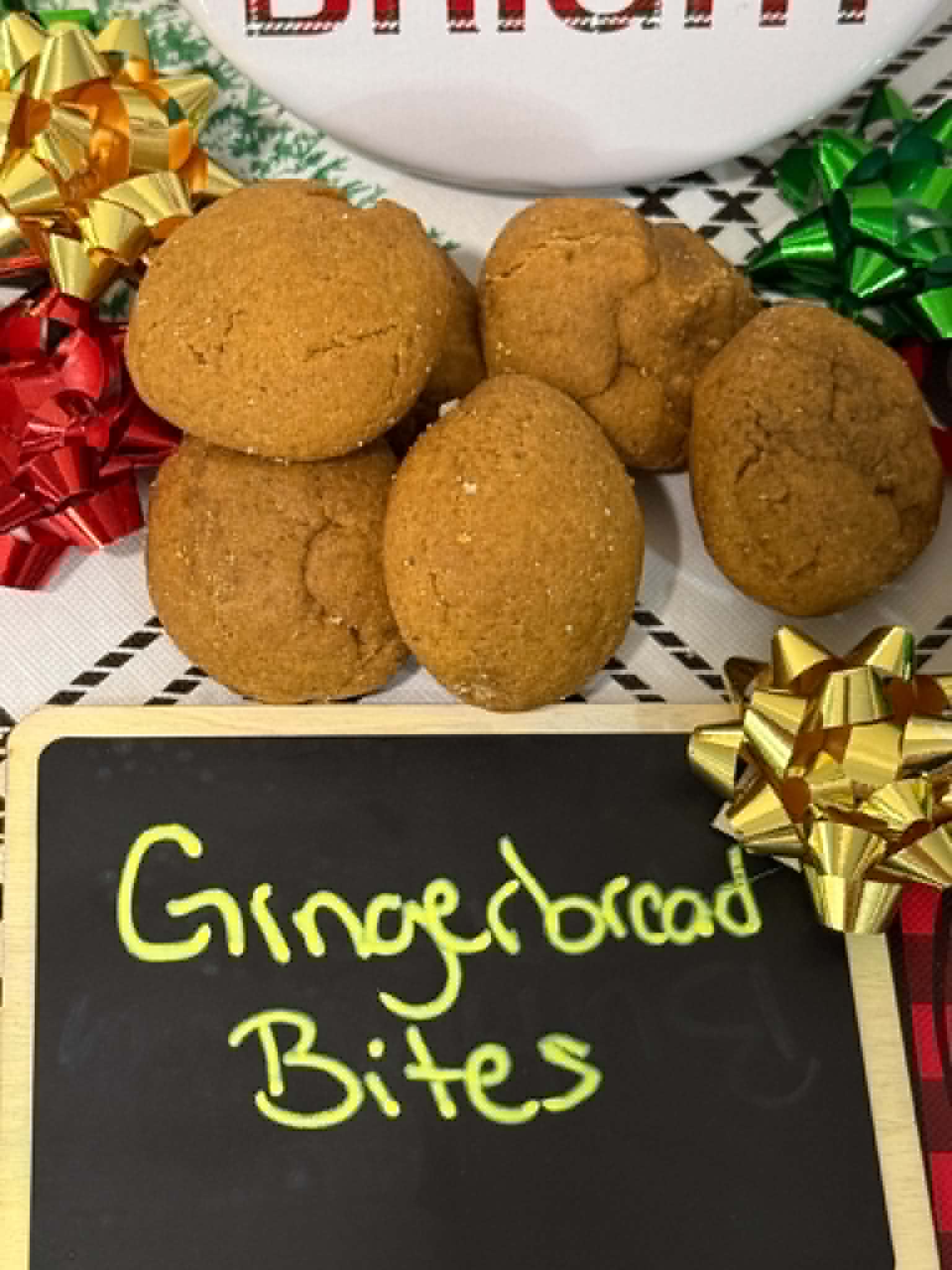 Soft gingerbread bites on a black-and-white plaid Christmas runner