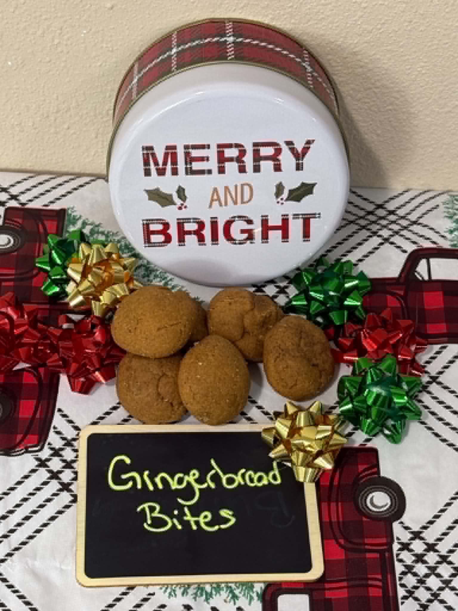 Holiday gingerbread bites with red and green bows and Christmas decor